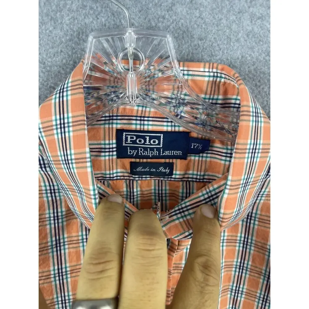 Polo Ralph Lauren Button Up Shirt Men's 17.5 Neck Long Sleeve Orange Plaid Italy